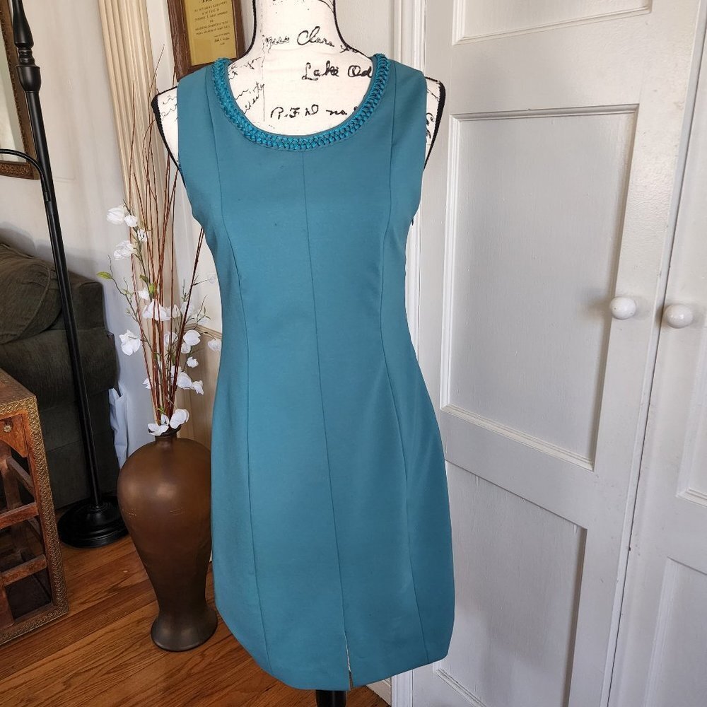 Elie Tahari Turquoise Sleeveless Sheath Dress Embellished with Ribbon Braiding S